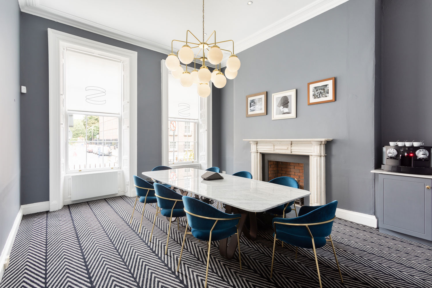 Statement chandeliers in the modern interior of this co-working space in Dublin