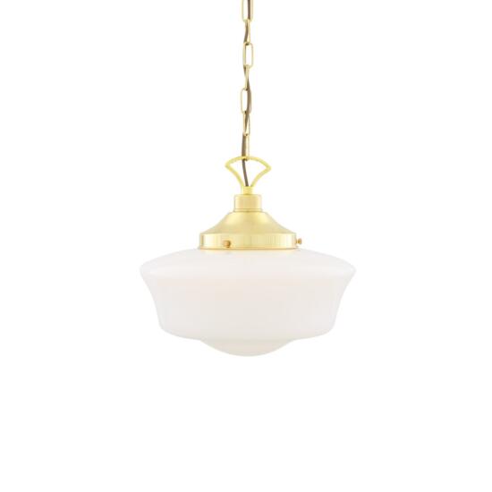 1920's Schoolhouse Opal Glass Pendant Light 35cm, Polished Brass