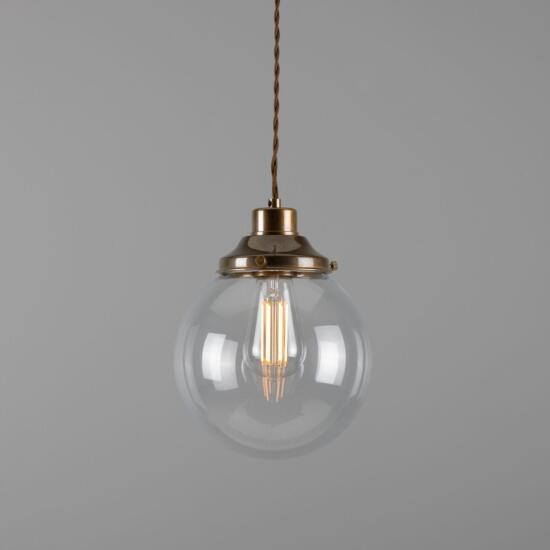 Virginia Small Clear Glass Globe Pendant Light 20cm, Antique Brass