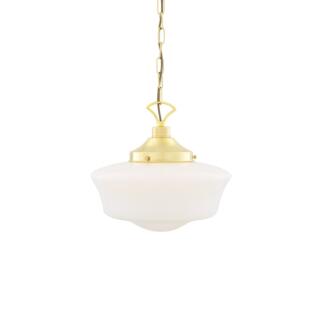 1920's Schoolhouse Opal Glass Pendant Light 35cm, Polished Brass