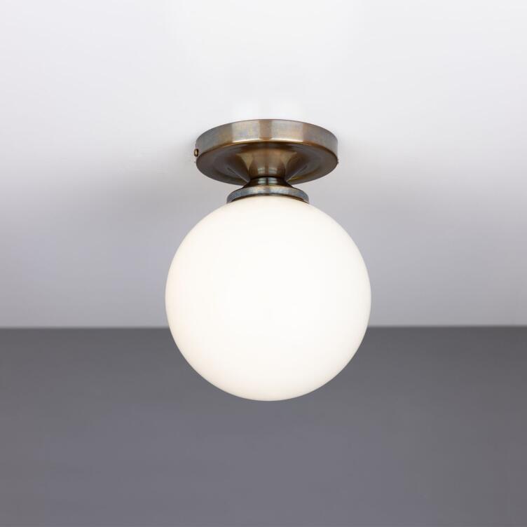 Yaounde Opal Globe Flush Ceiling Light 14cm, Antique Brass