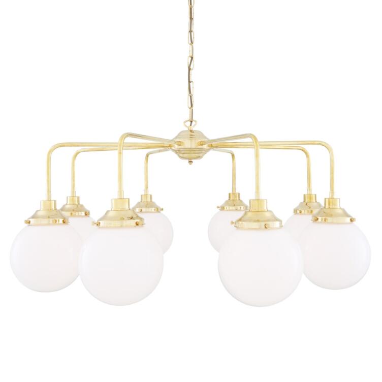 Rome Mid-Century Single Tier Brass Chandelier with Opal Globe Shades, Eight-Light