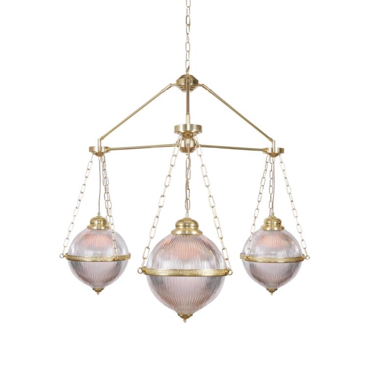 Blaenau Holophane Glass Polished Brass Chandelier, Three-Arm