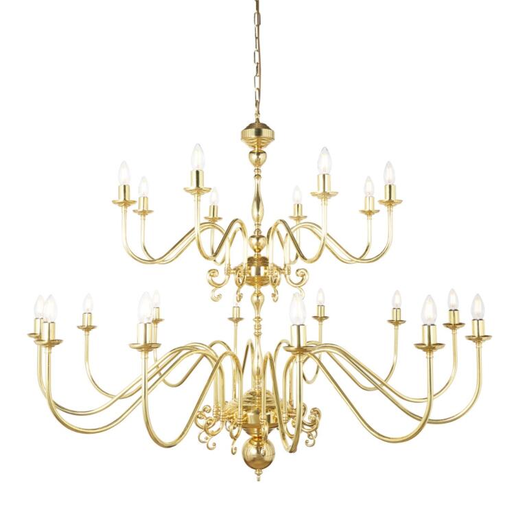 Flemish Candle-Style Brass Two-Tier Chandelier, 20-Light